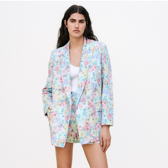 Zara Floral Satin Double Breasted Blazer Jacket size Medium - Picture 1 of 16